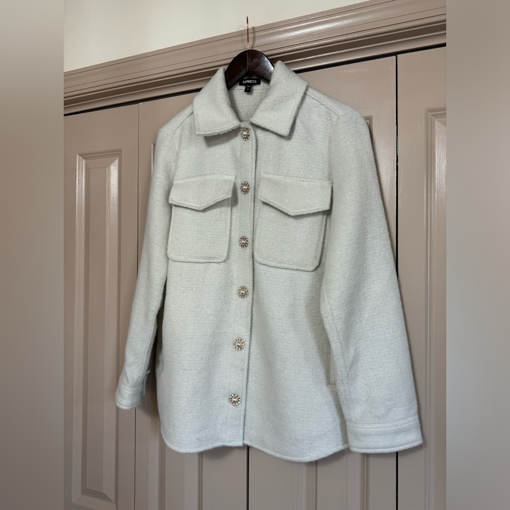 Express shacket with gold and pearl buttons